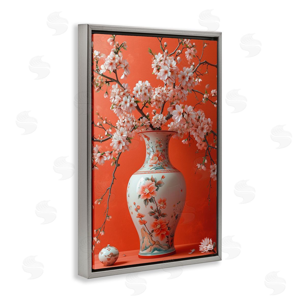 Flowers in Eastern Vase Grey Floating Frame Canvas Wall Art, Home Decor by Roozbeh Bahramali