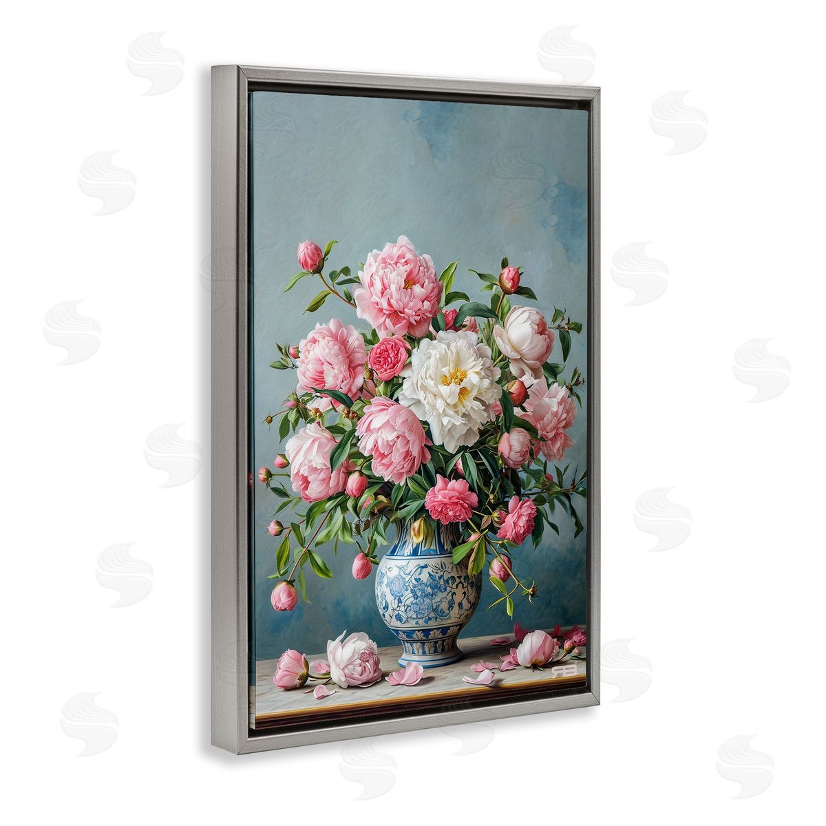 Full Peonies Vase Grey Floating Frame Canvas Wall Art, Home Decor by Roozbeh Bahramali