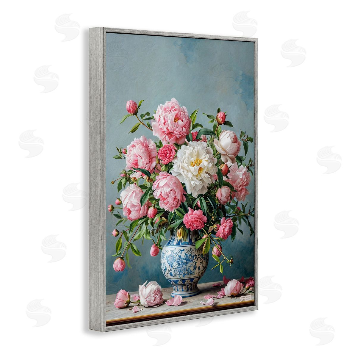 Full Peonies Vase Grey Frame Print Wall Art, Home Decor by Roozbeh Bahramali