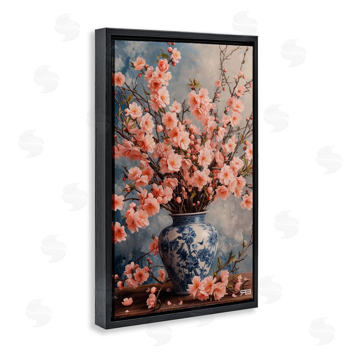 Detailed Cherry Blossom Vase Black Floating Frame Canvas Wall Art, Home Decor by Roozbeh Bahramali