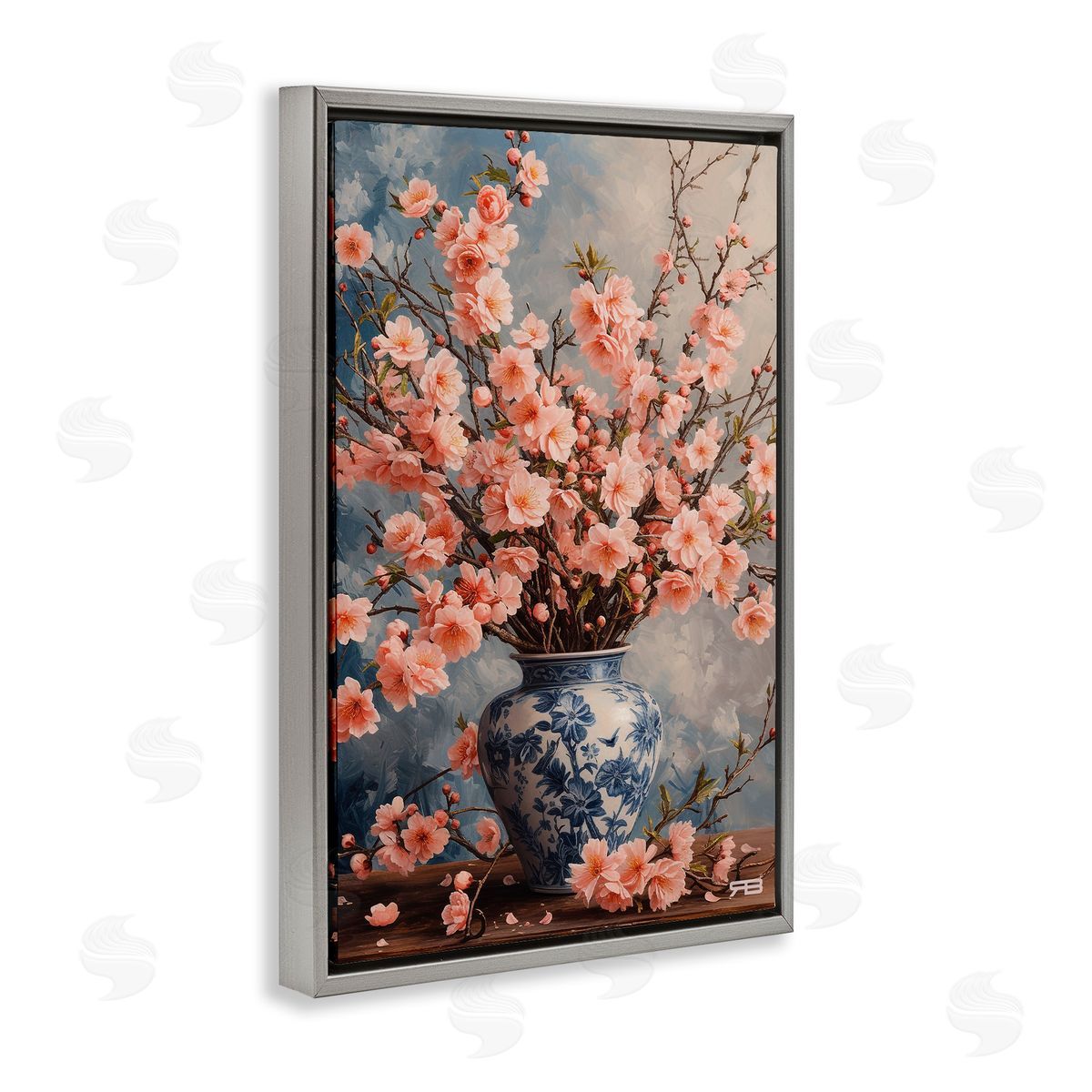 Detailed Cherry Blossom Vase Grey Floating Frame Canvas Wall Art, Home Decor by Roozbeh Bahramali