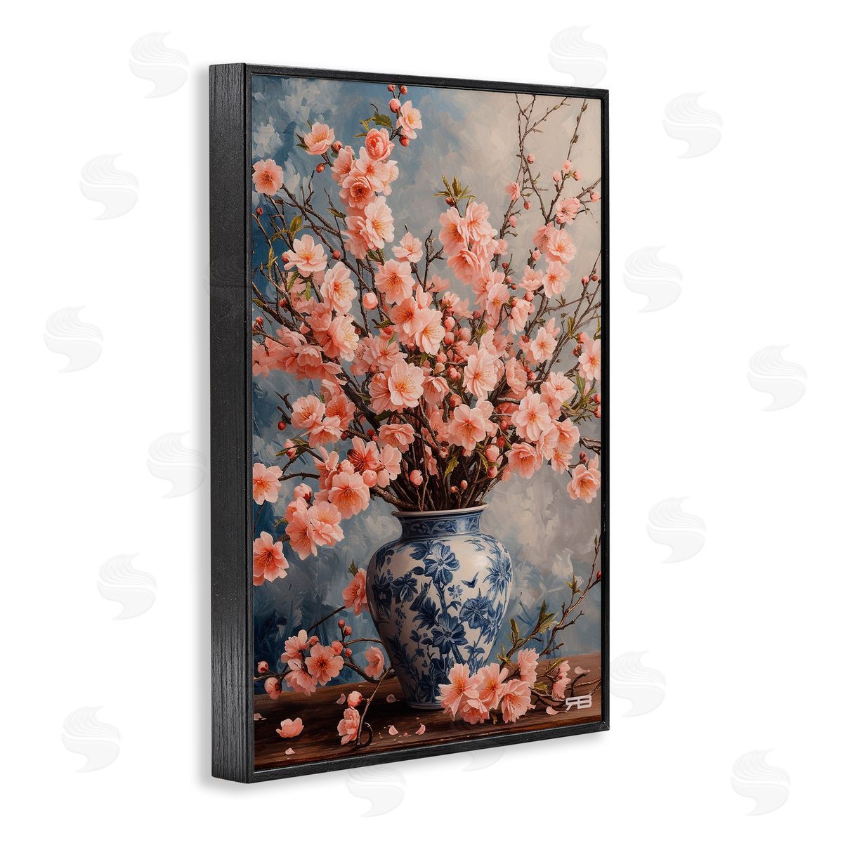 Detailed Cherry Blossom Vase Black Frame Print Wall Art, Home Decor by Roozbeh Bahramali