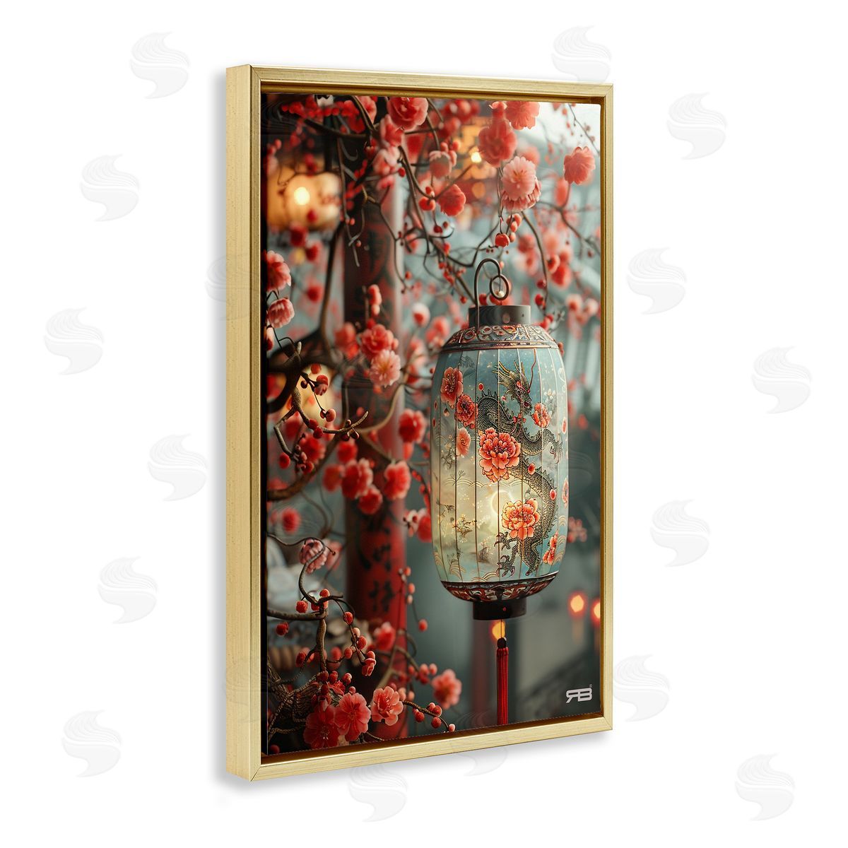 Florals with Asian Motif Gold Floating Frame Canvas Wall Art, Home Decor by Roozbeh Bahramali