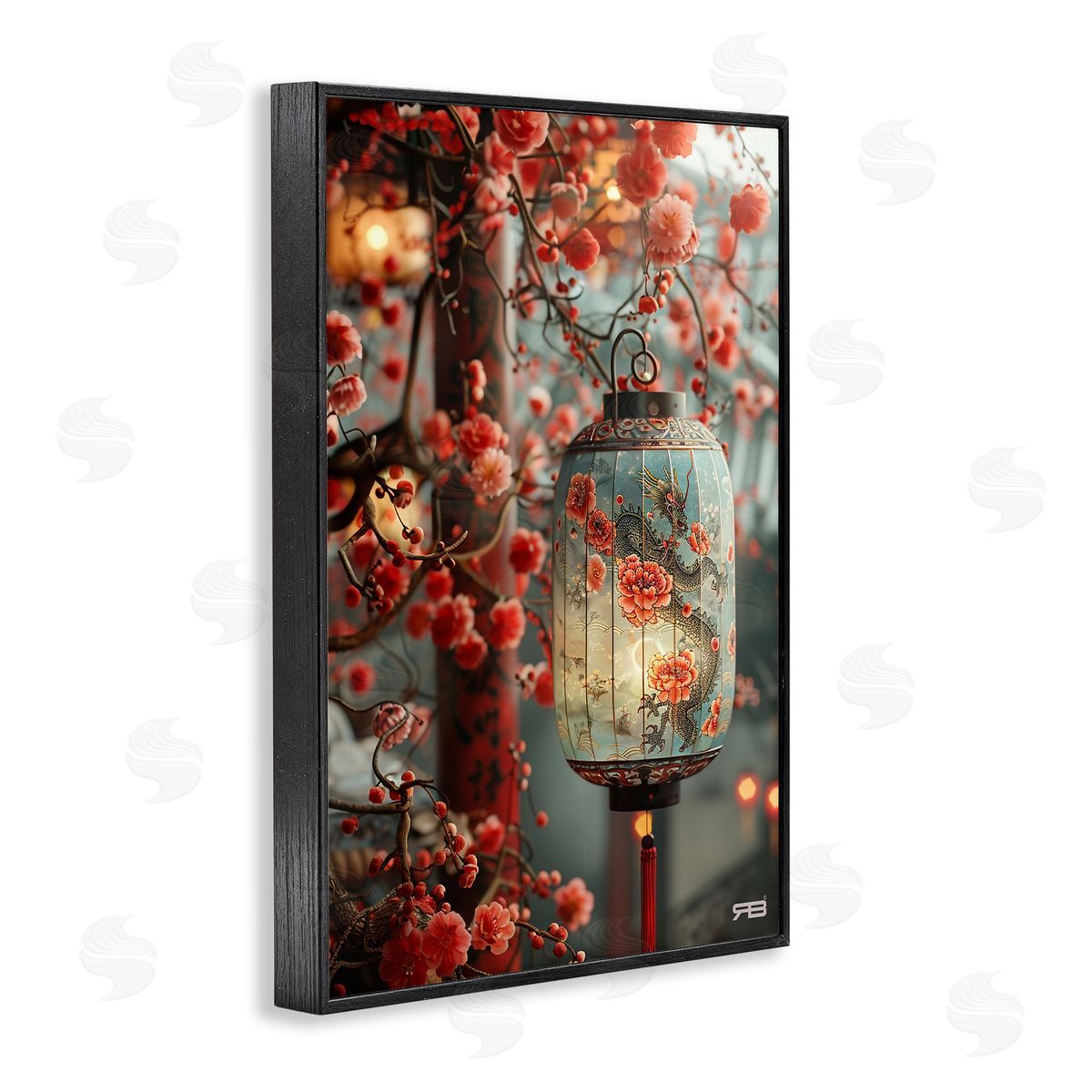 Florals with Asian Motif Black Frame Print Wall Art, Home Decor by Roozbeh Bahramali