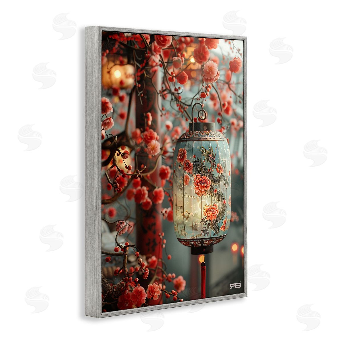 Florals with Asian Motif Grey Frame Print Wall Art, Home Decor by Roozbeh Bahramali
