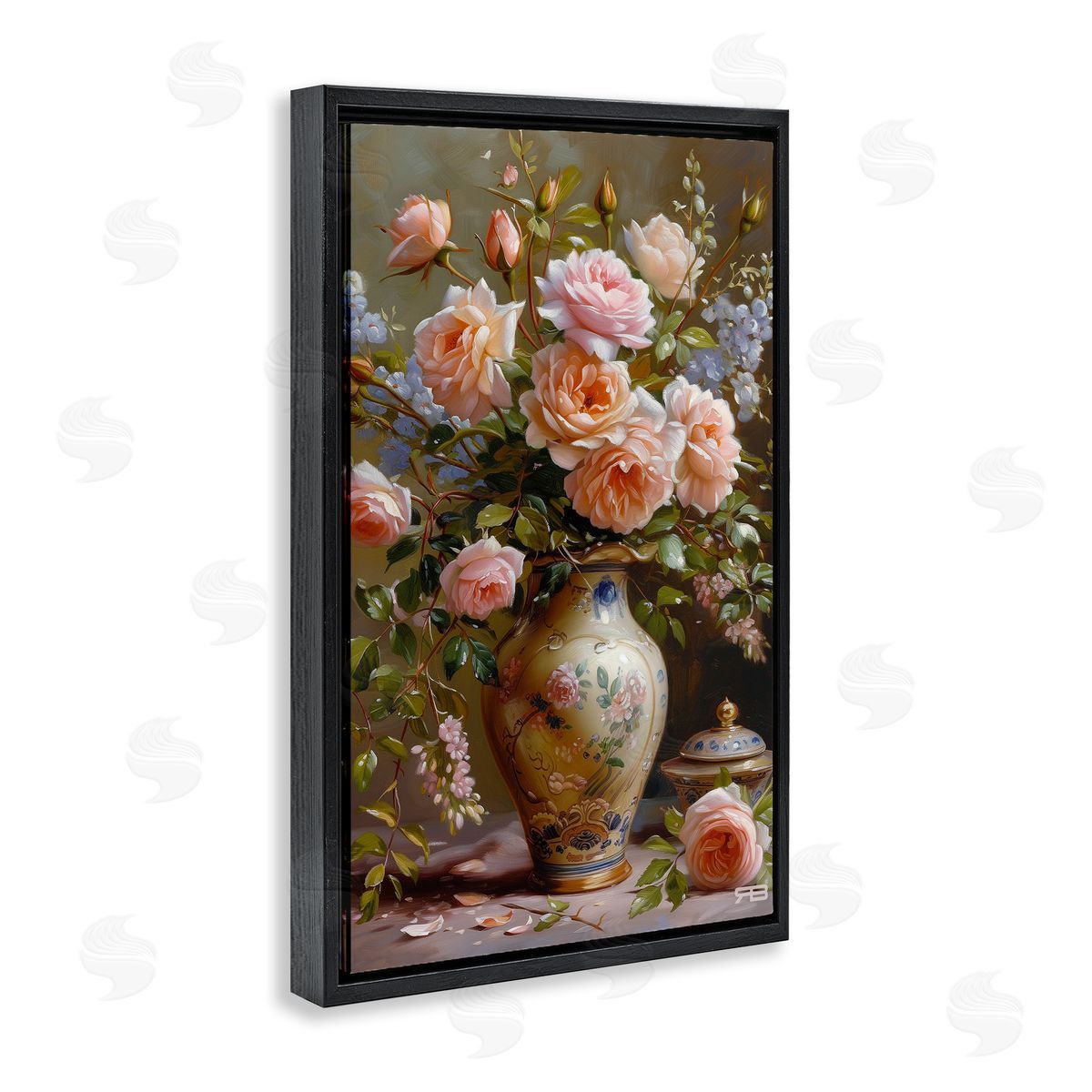 Roses in Traditional Vase Black Floating Frame Canvas Wall Art, Home Decor by Roozbeh Bahramali