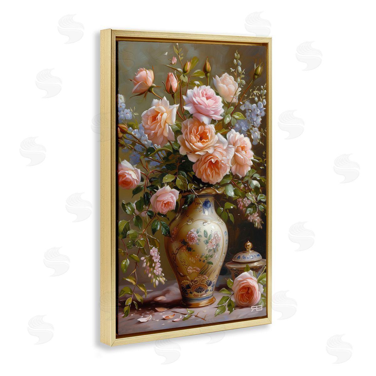 Roses in Traditional Vase Gold Floating Frame Canvas Wall Art, Home Decor by Roozbeh Bahramali