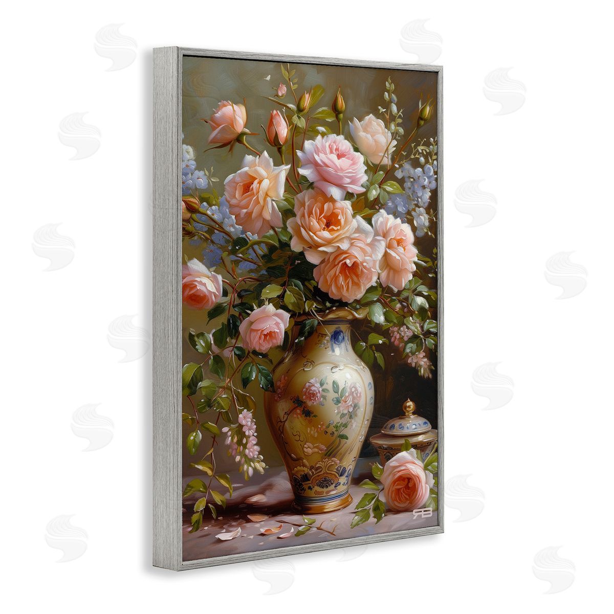 Roses in Traditional Vase Grey Frame Print Wall Art, Home Decor by Roozbeh Bahramali