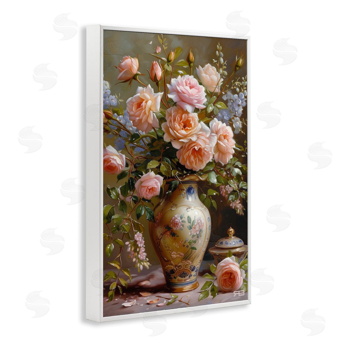 Roses in Traditional Vase White Frame Print Wall Art, Home Decor by Roozbeh Bahramali
