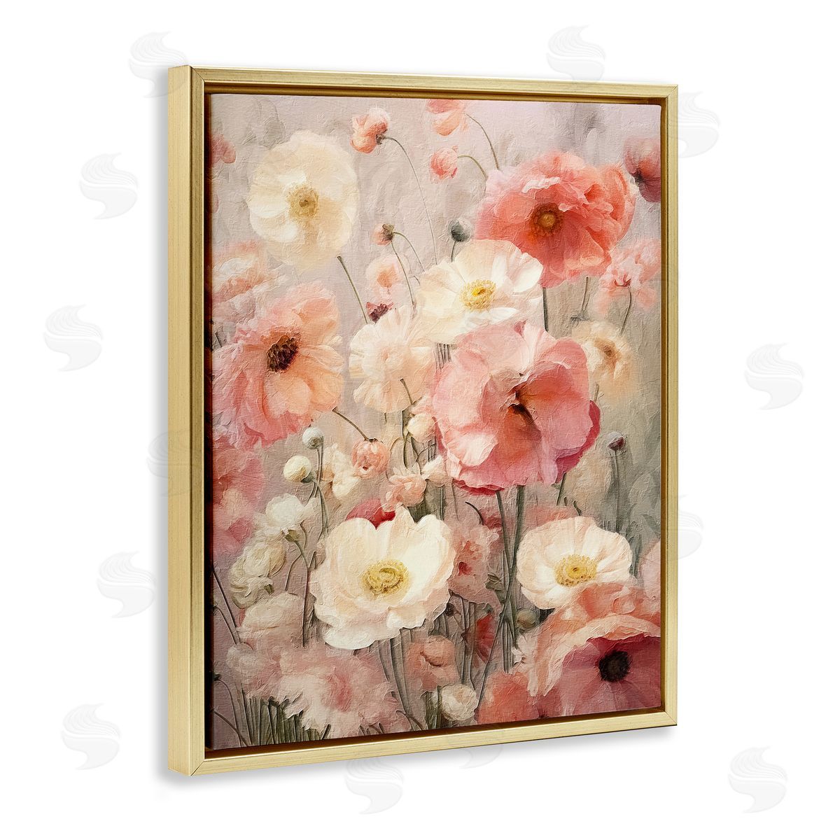 Blush Floral Pattern Gold Floating Frame Canvas Wall Art, Home Decor by RileyB
