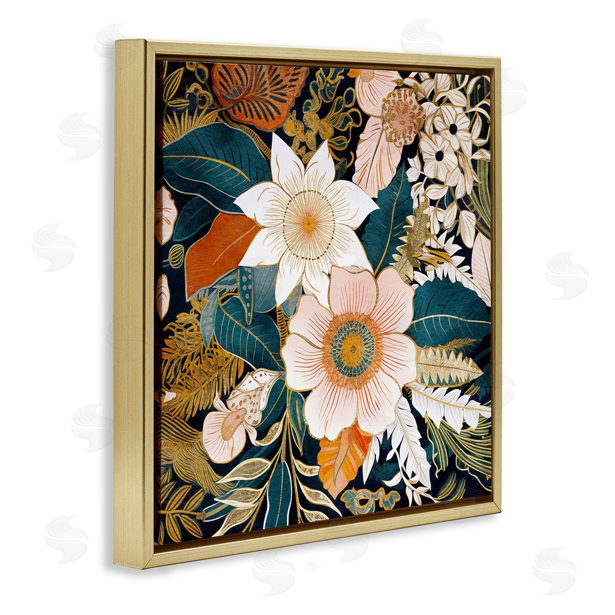 Eclectic Floral Pattern Gold Floating Frame Canvas Wall Art, Home Decor by Sasha