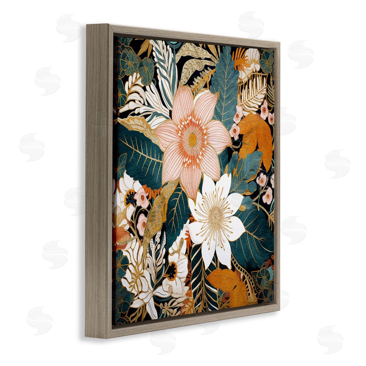 Boho Flower Pattern Brown Floating Frame Canvas Wall Art, Home Decor by Sasha