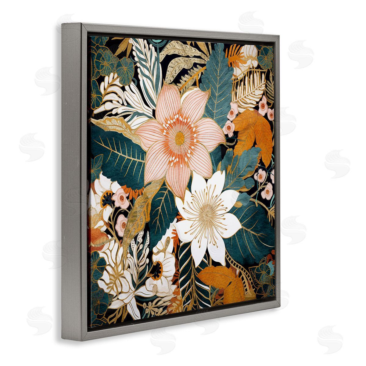 Boho Flower Pattern Grey Floating Frame Canvas Wall Art, Home Decor by Sasha