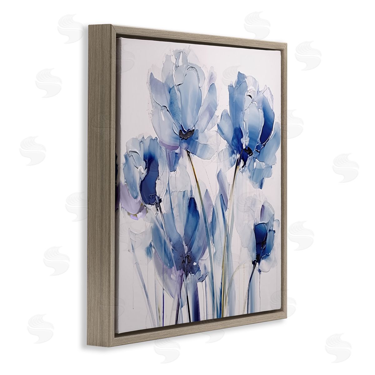 Abstract Blue Tulips Brown Floating Frame Canvas Wall Art, Home Decor by Sasha
