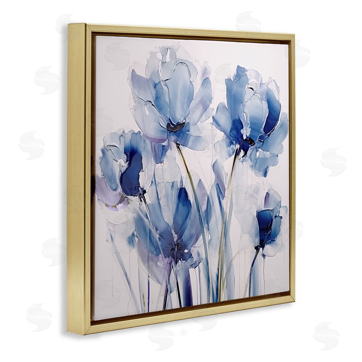 Abstract Blue Tulips Gold Floating Frame Canvas Wall Art, Home Decor by Sasha