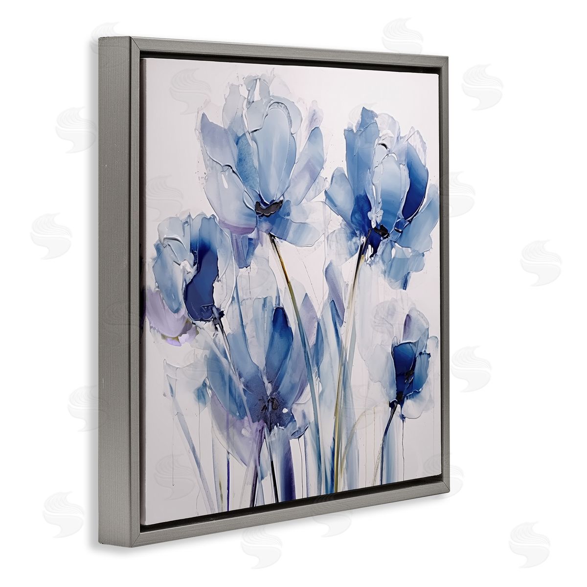 Abstract Blue Tulips Grey Floating Frame Canvas Wall Art, Home Decor by Sasha