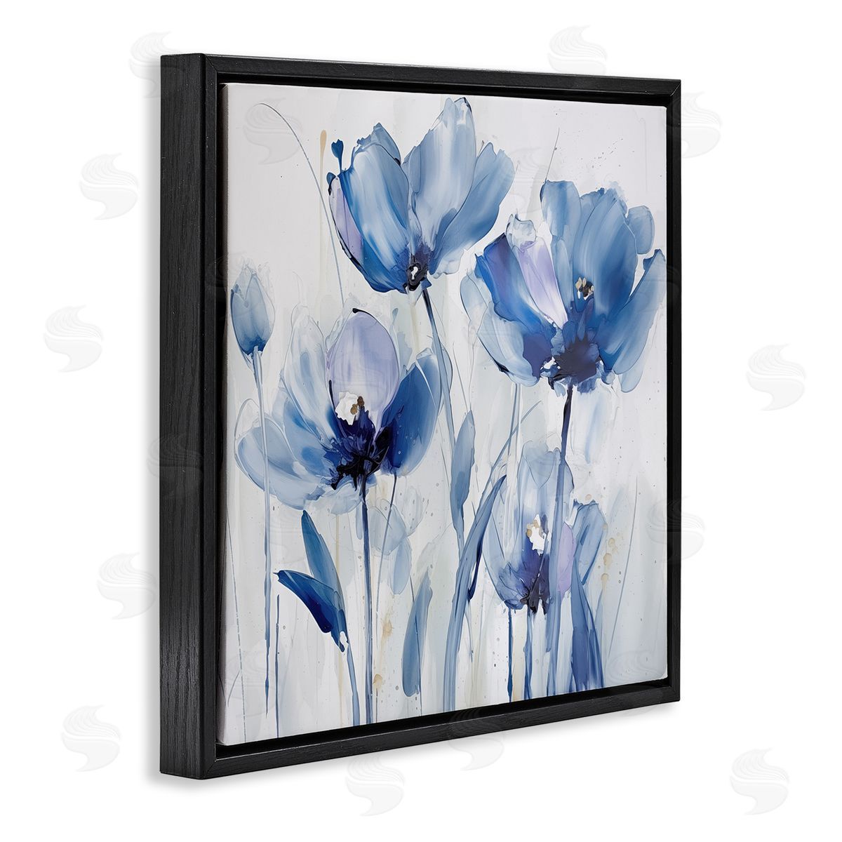 Blue Abstract Blooms Black Floating Frame Canvas Wall Art, Home Decor by Sasha