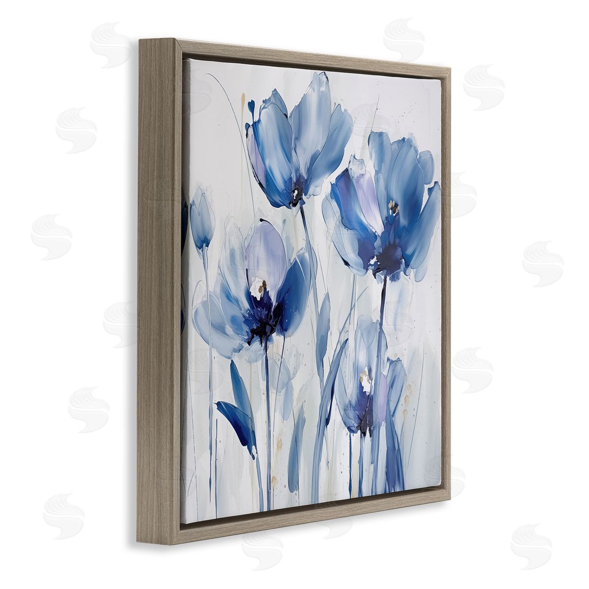 Blue Abstract Blooms Brown Floating Frame Canvas Wall Art, Home Decor by Sasha
