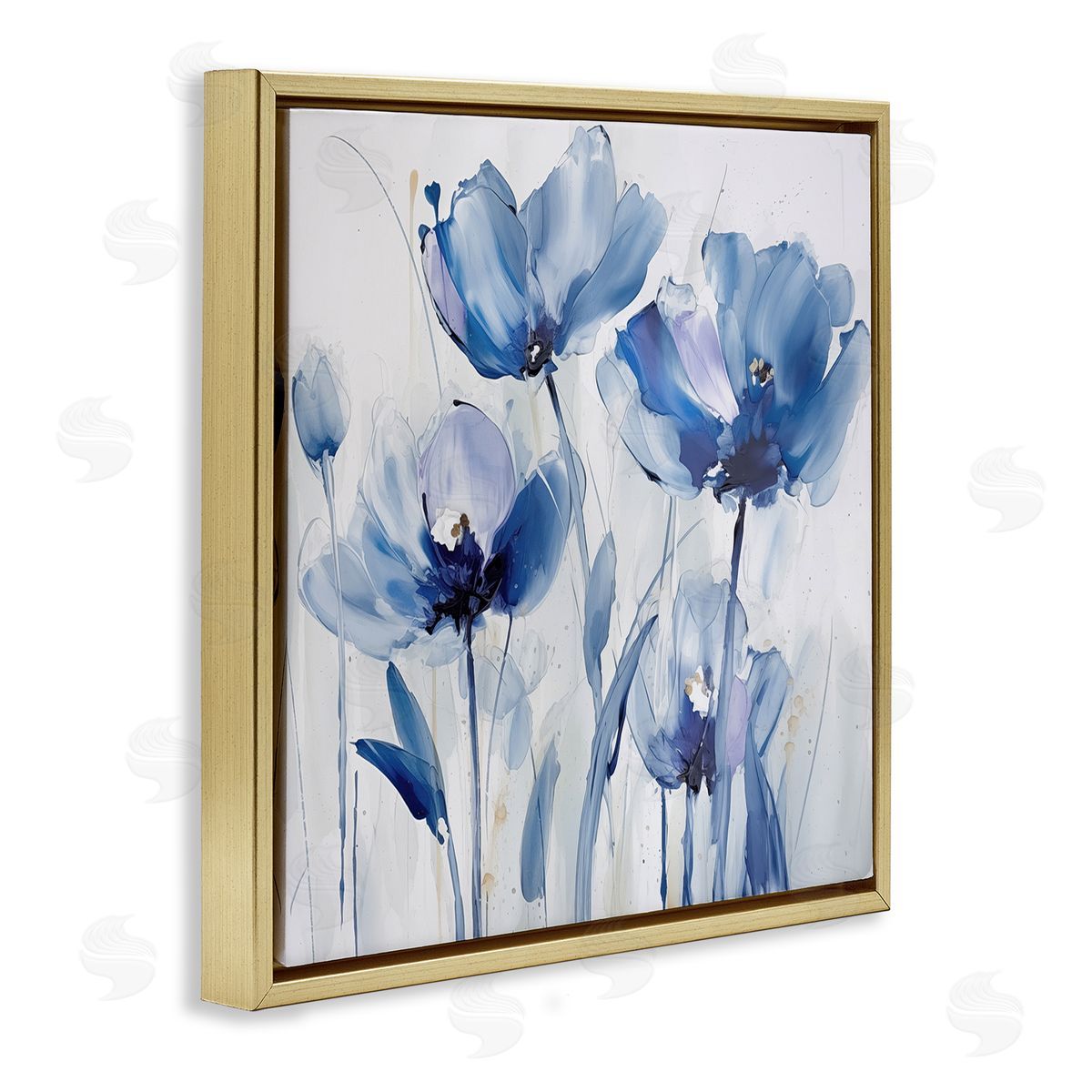 Blue Abstract Blooms Gold Floating Frame Canvas Wall Art, Home Decor by Sasha