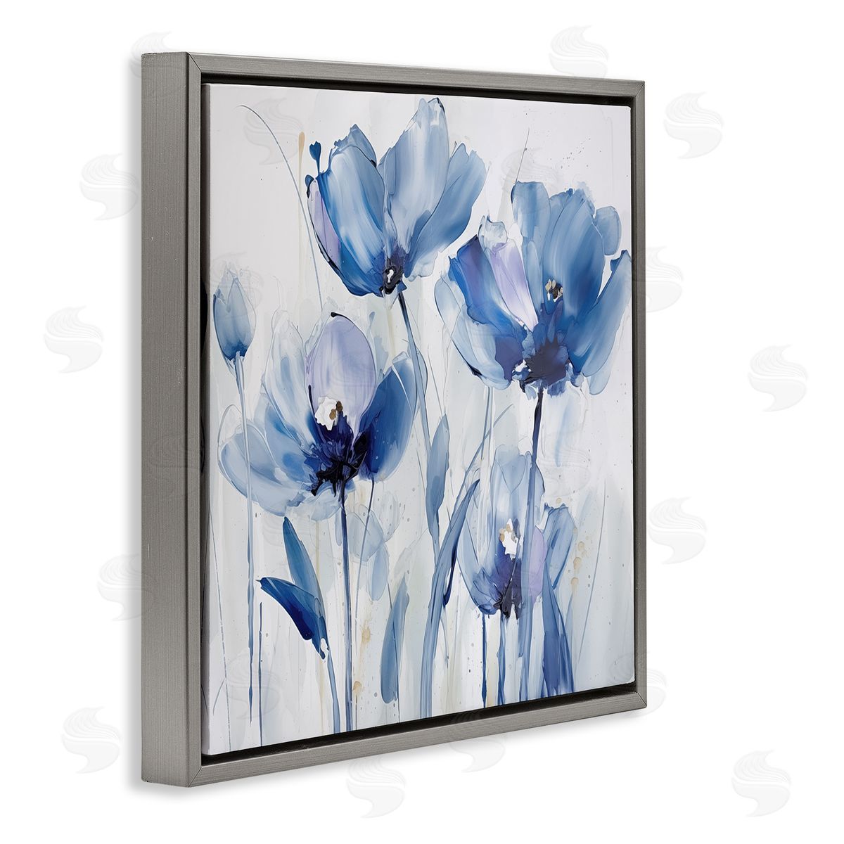 Blue Abstract Blooms Grey Floating Frame Canvas Wall Art, Home Decor by Sasha