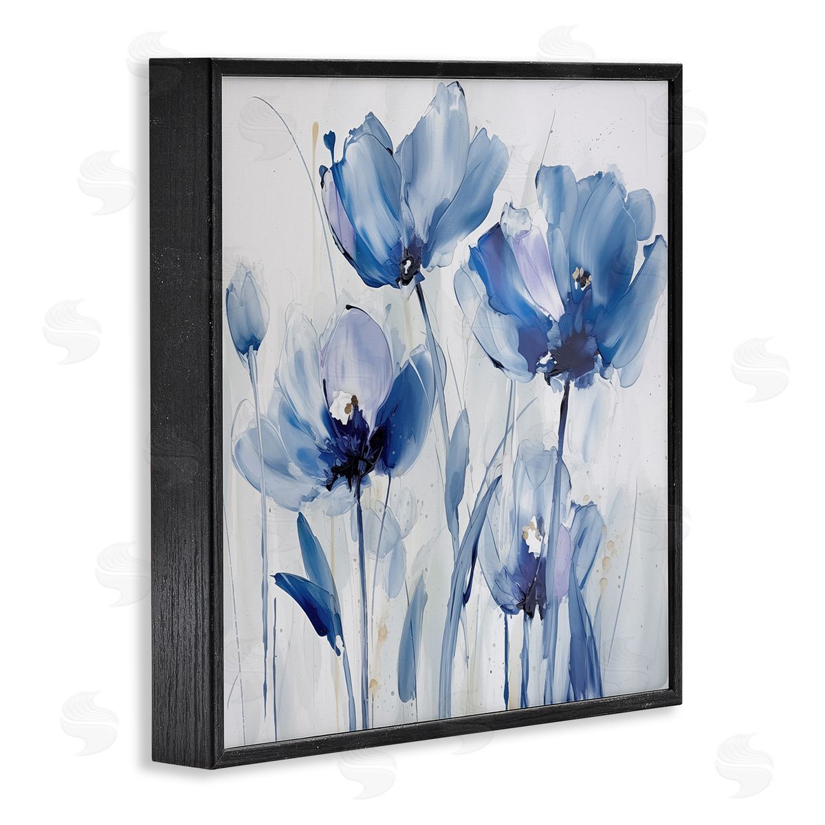 Blue Abstract Blooms Black Frame Print Wall Art, Home Decor by Sasha