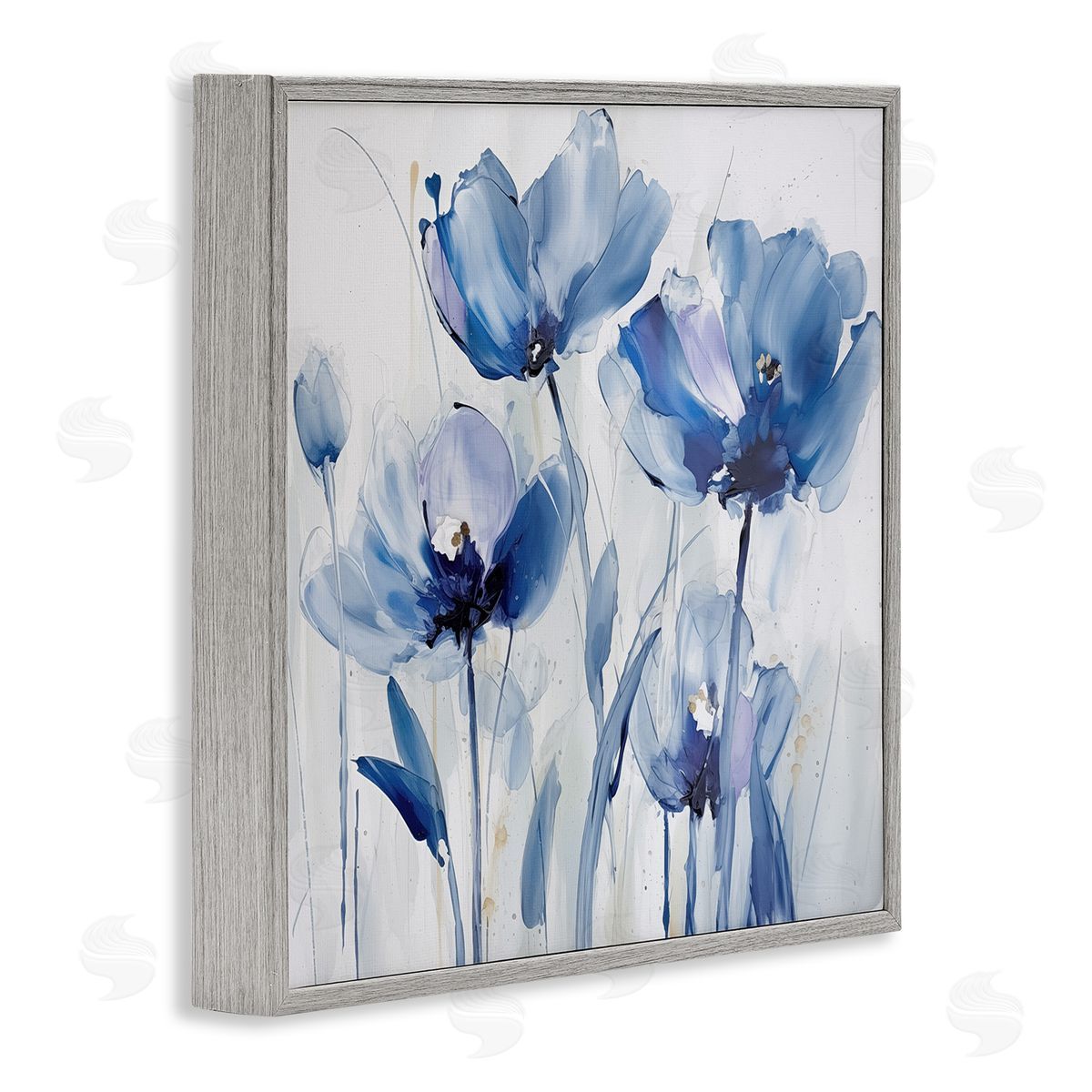 Blue Abstract Blooms Grey Frame Print Wall Art, Home Decor by Sasha
