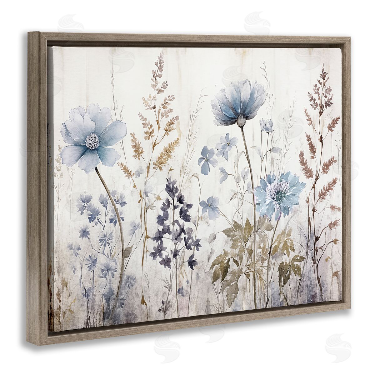 Sasha Blue Nature Blossoms Brown Floating Frame Canvas Wall Art Print
