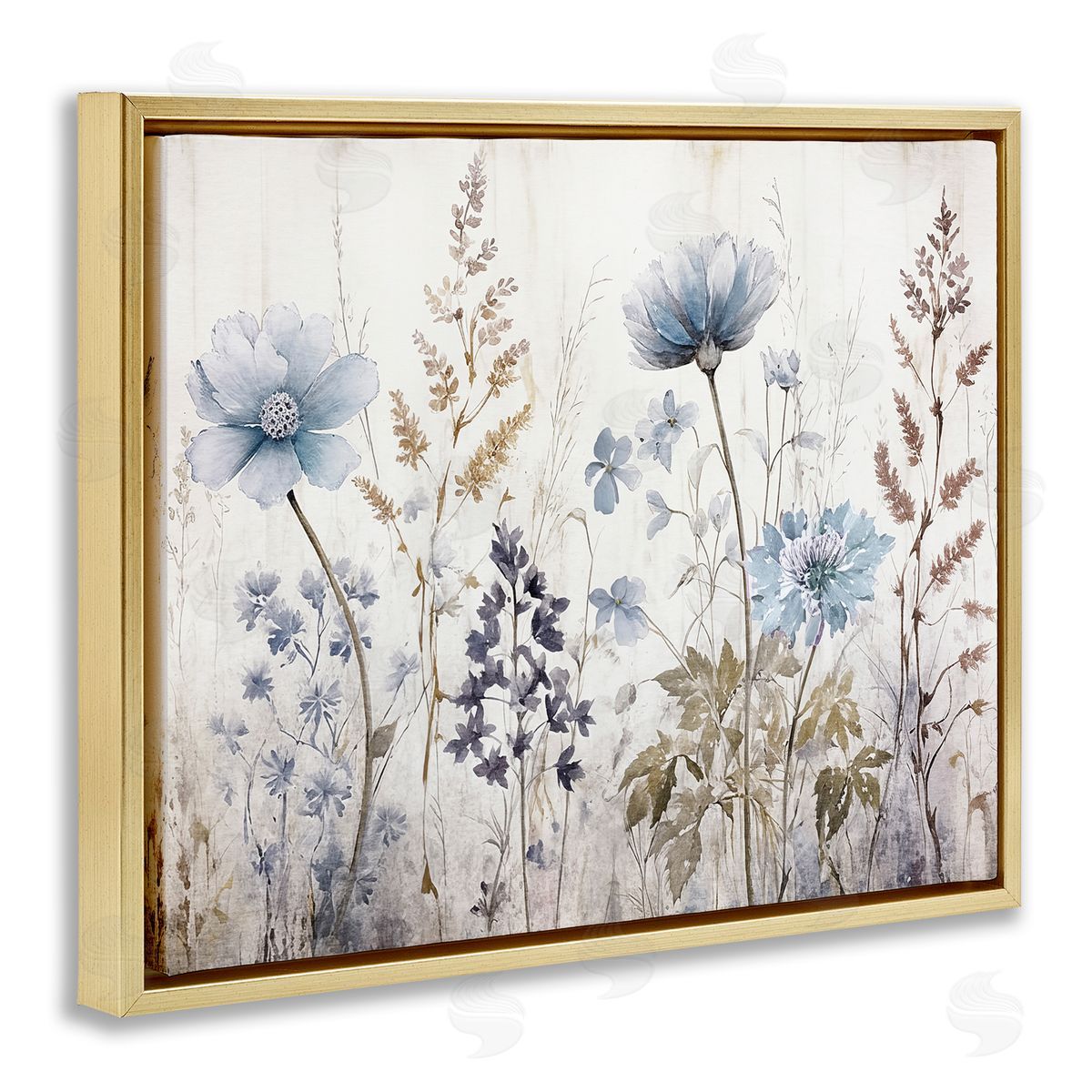 Sasha Blue Nature Blossoms Gold Floating Frame Canvas Wall Art Print