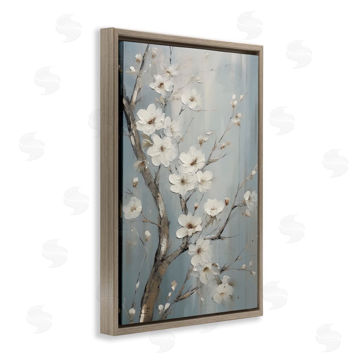 White Cherry Blossoms Brown Floating Frame Canvas Wall Art, Home Decor by Sasha