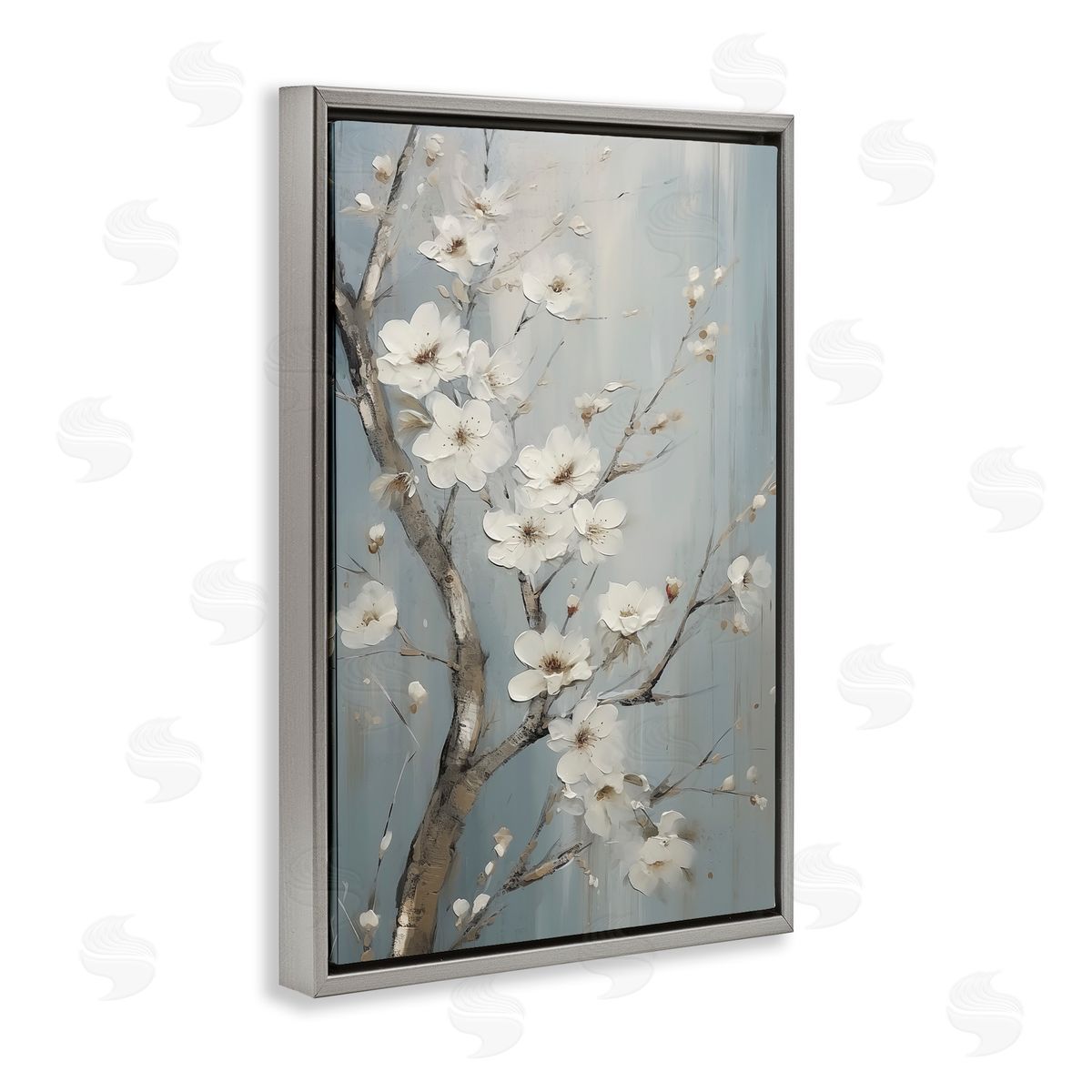 White Cherry Blossoms Grey Floating Frame Canvas Wall Art, Home Decor by Sasha