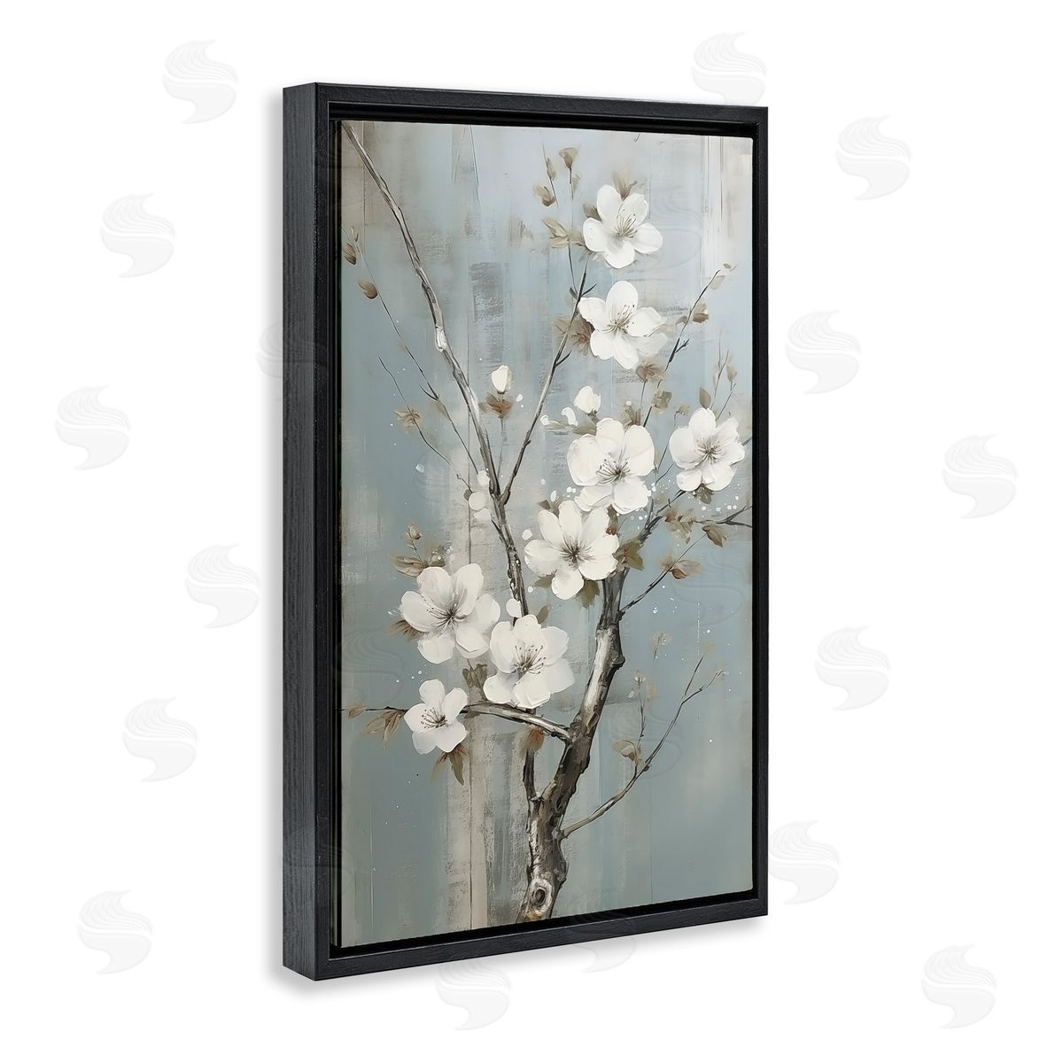 White Apple Blossoms Black Floating Frame Canvas Wall Art, Home Decor by Sasha
