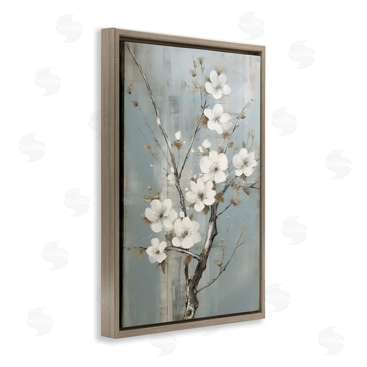 White Apple Blossoms Brown Floating Frame Canvas Wall Art, Home Decor by Sasha