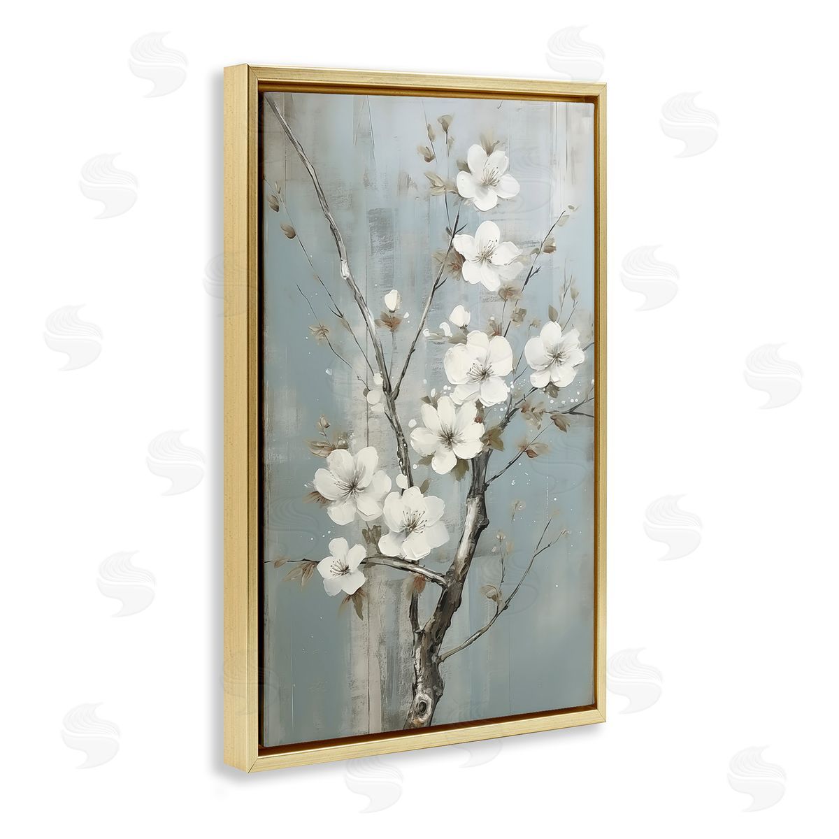 White Apple Blossoms Gold Floating Frame Canvas Wall Art, Home Decor by Sasha