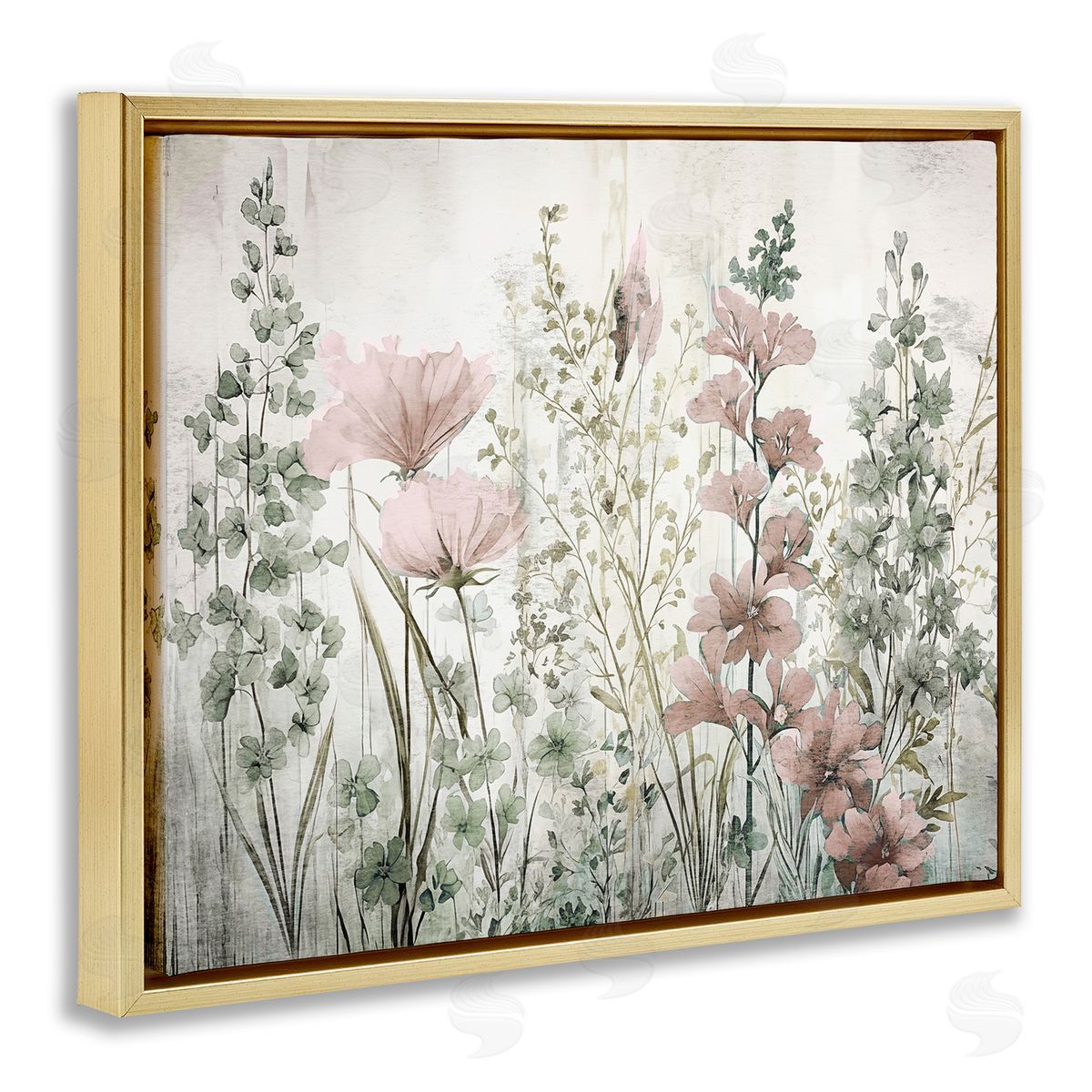 Sasha Blush Wildflower Sprigs Gold Floating Frame Canvas Wall Art Print