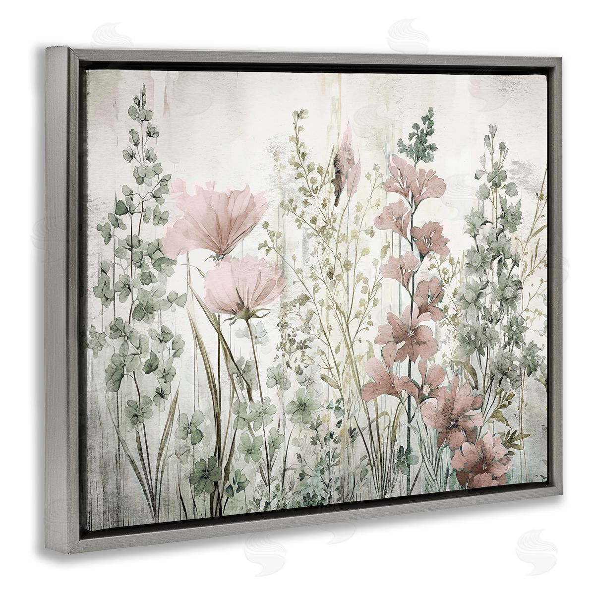 Sasha Blush Wildflower Sprigs Gray Floating Frame Canvas Wall Art Print
