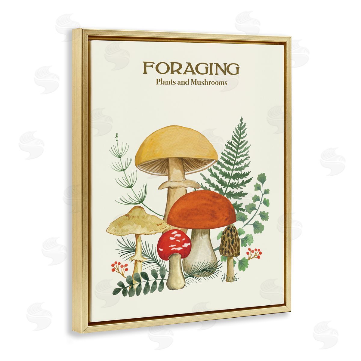 Vintage Foraging Mushrooms Gold Floating Frame Canvas Wall Art, Home Decor by Sharon Lee