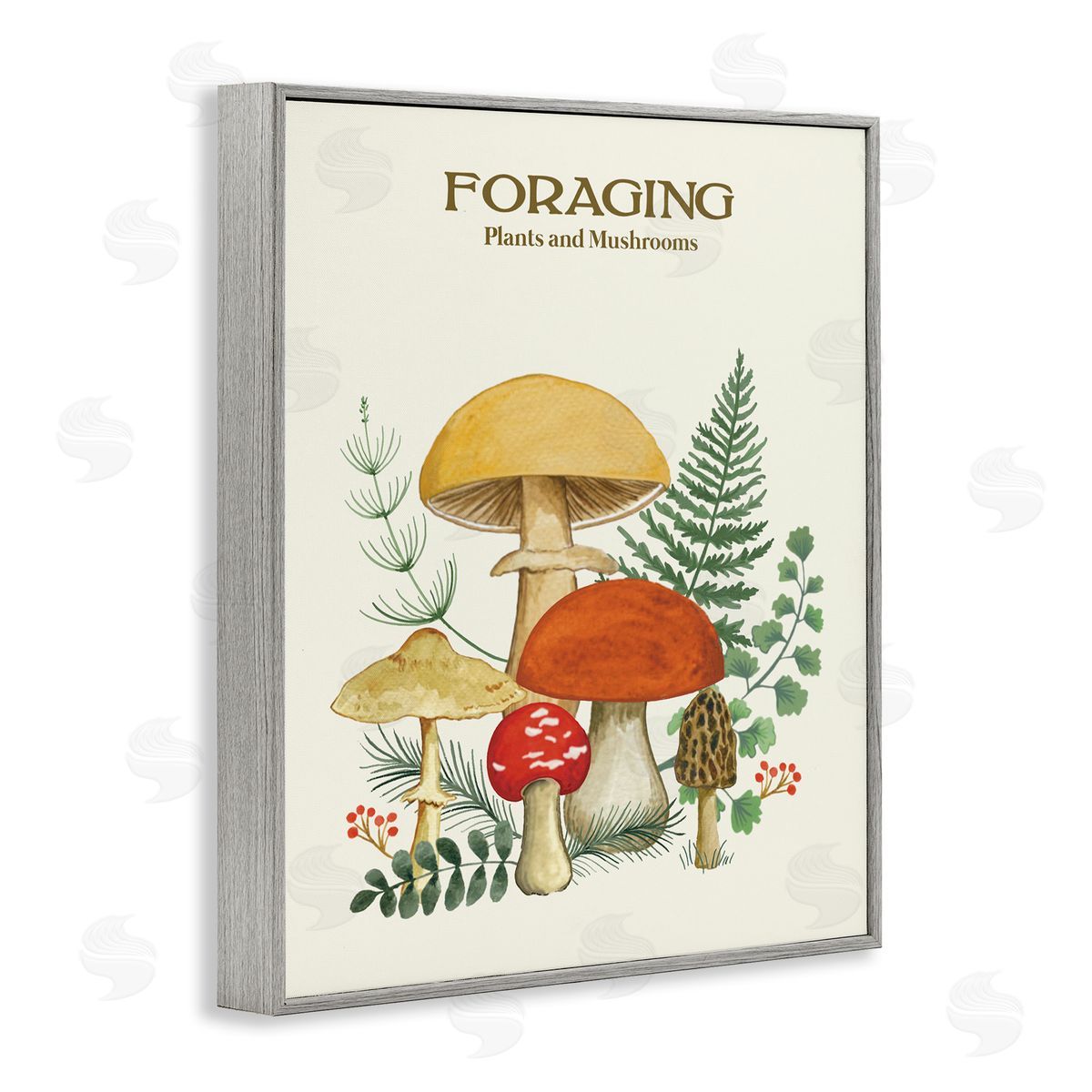 Vintage Foraging Mushrooms Grey Frame Print Wall Art, Home Decor by Sharon Lee