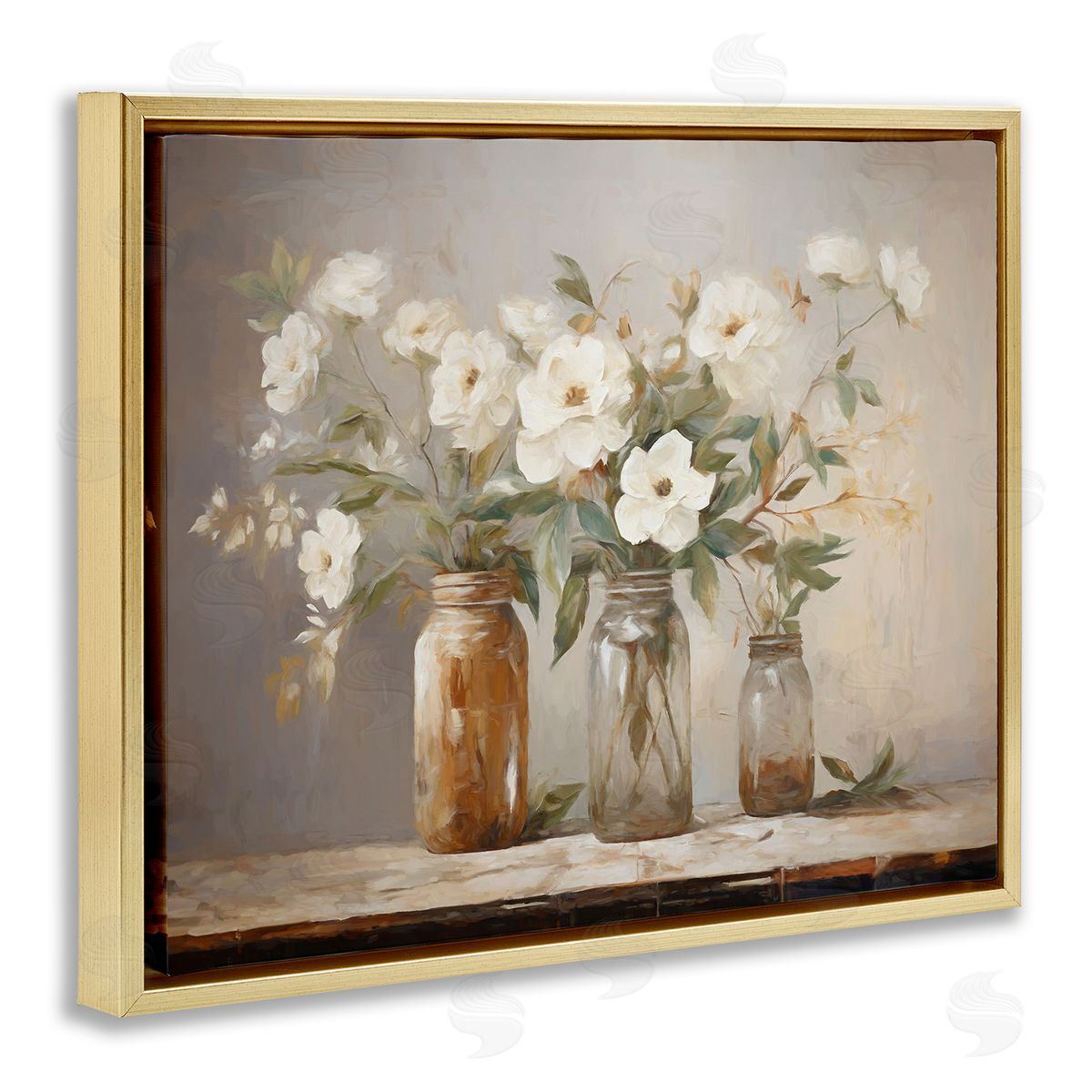 Country Magnolia Jars Gold Floating Frame Canvas Wall Art, Home Decor by Ramona Murdock