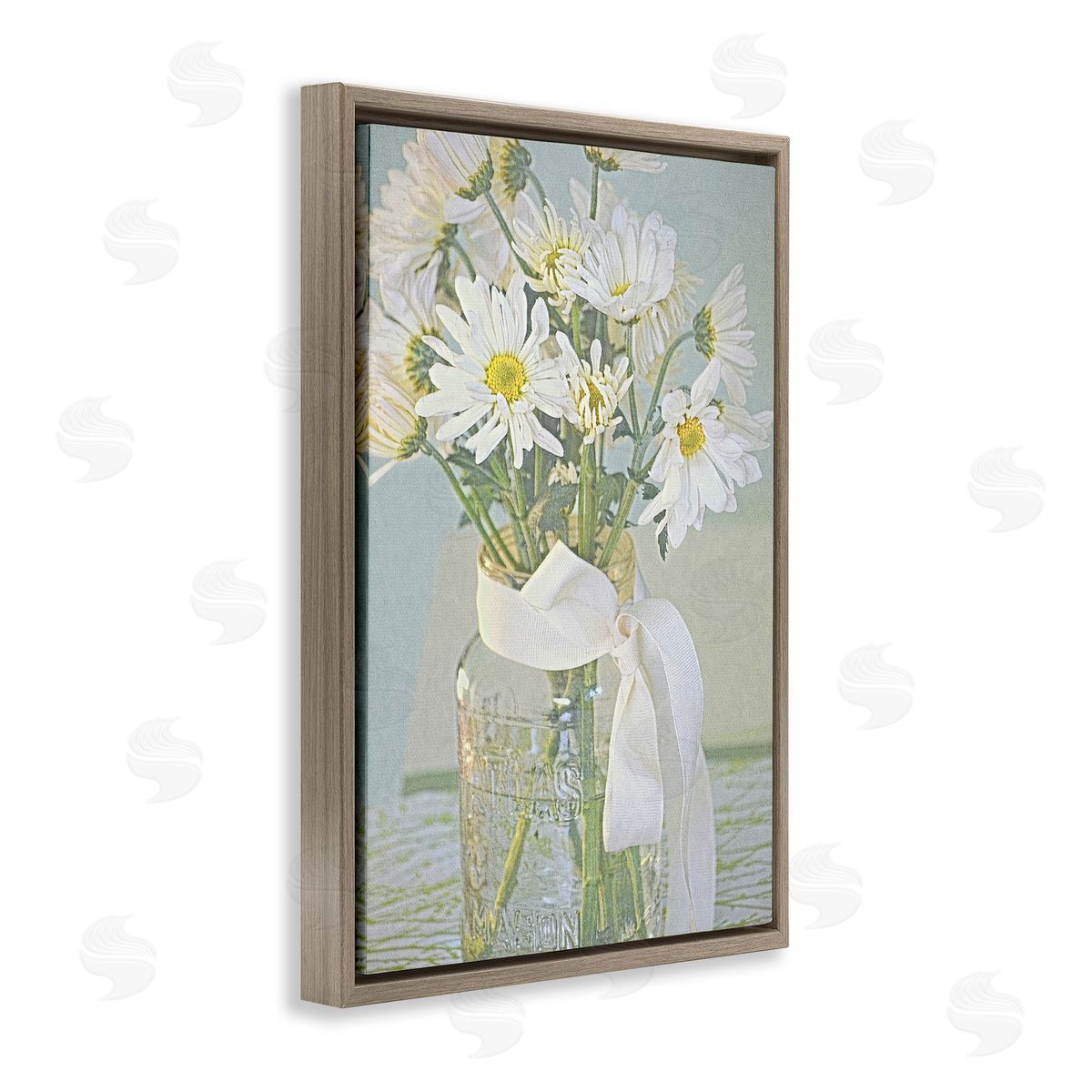 Faded Daisies Jar Brown Floating Frame Canvas Wall Art, Home Decor by Gail Peck