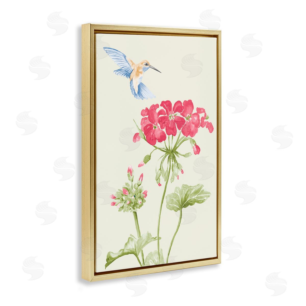 Geraniums and Hummingbird Gold Floating Frame Canvas Wall Art, Home Decor by Patricia Pinto