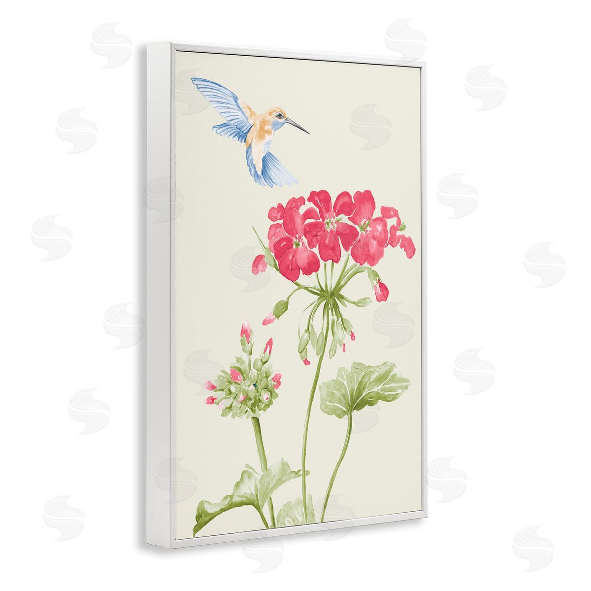 Geraniums and Hummingbird White Frame Print Wall Art, Home Decor by Patricia Pinto
