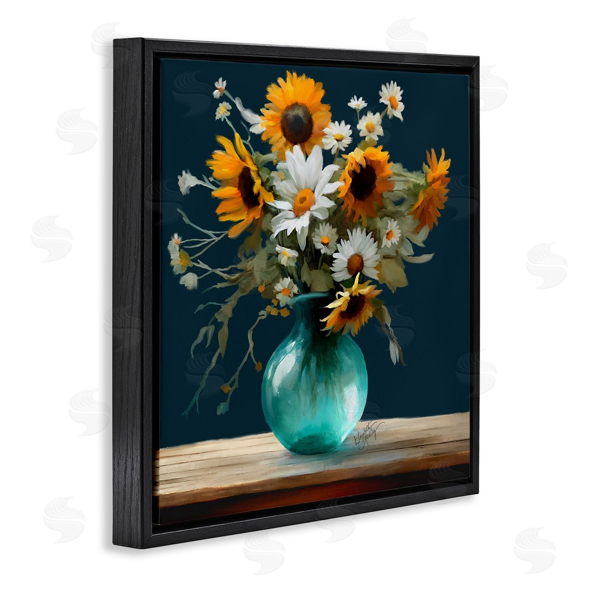 Summer Sunflower Bouquet Black Floating Frame Canvas Wall Art, Home Decor by Elizabeth Medley