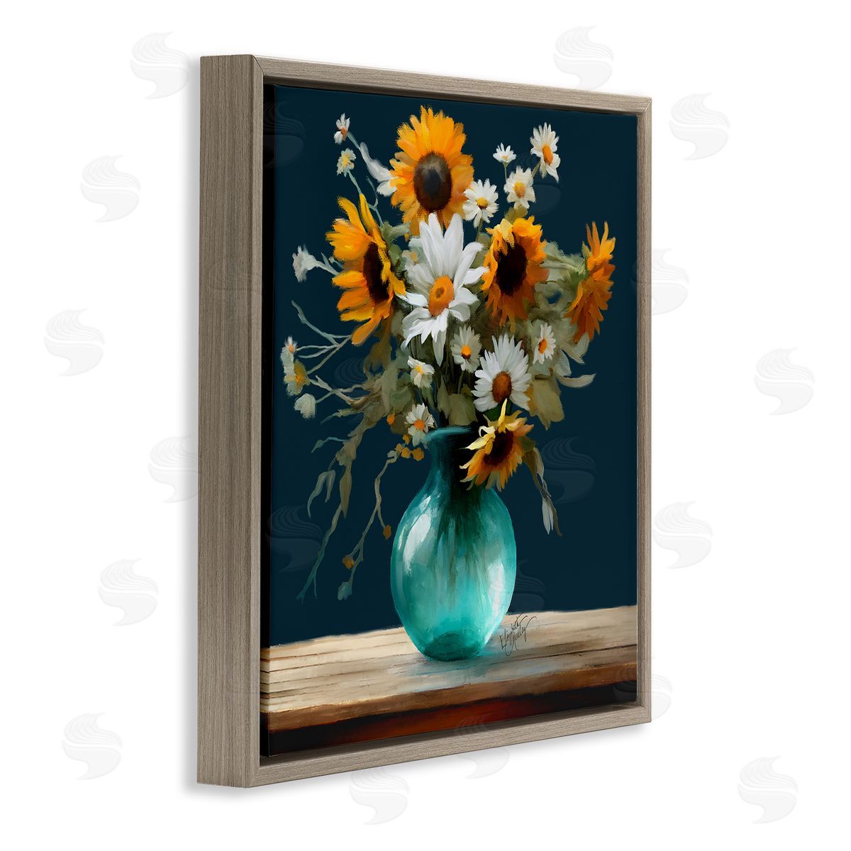 Summer Sunflower Bouquet Brown Floating Frame Canvas Wall Art, Home Decor by Elizabeth Medley