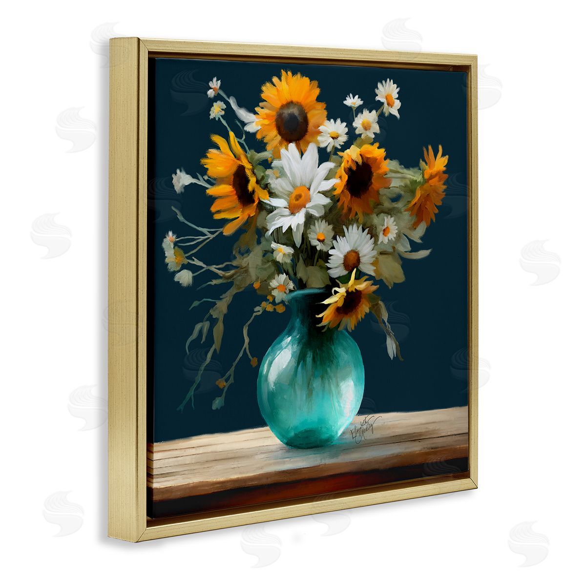 Summer Sunflower Bouquet Gold Floating Frame Canvas Wall Art, Home Decor by Elizabeth Medley
