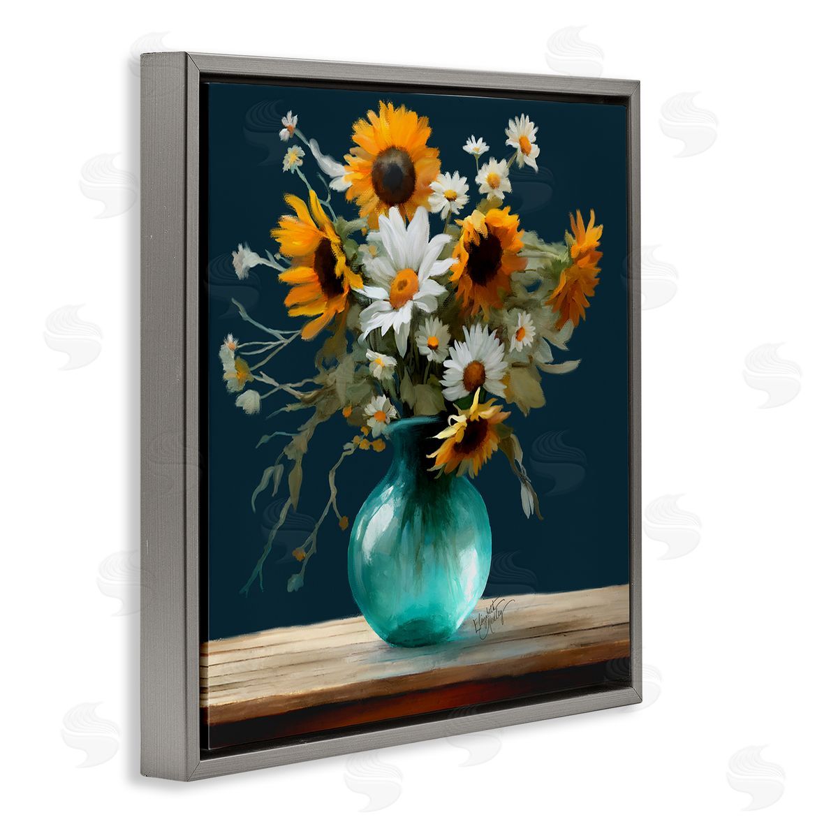 Summer Sunflower Bouquet Grey Floating Frame Canvas Wall Art, Home Decor by Elizabeth Medley