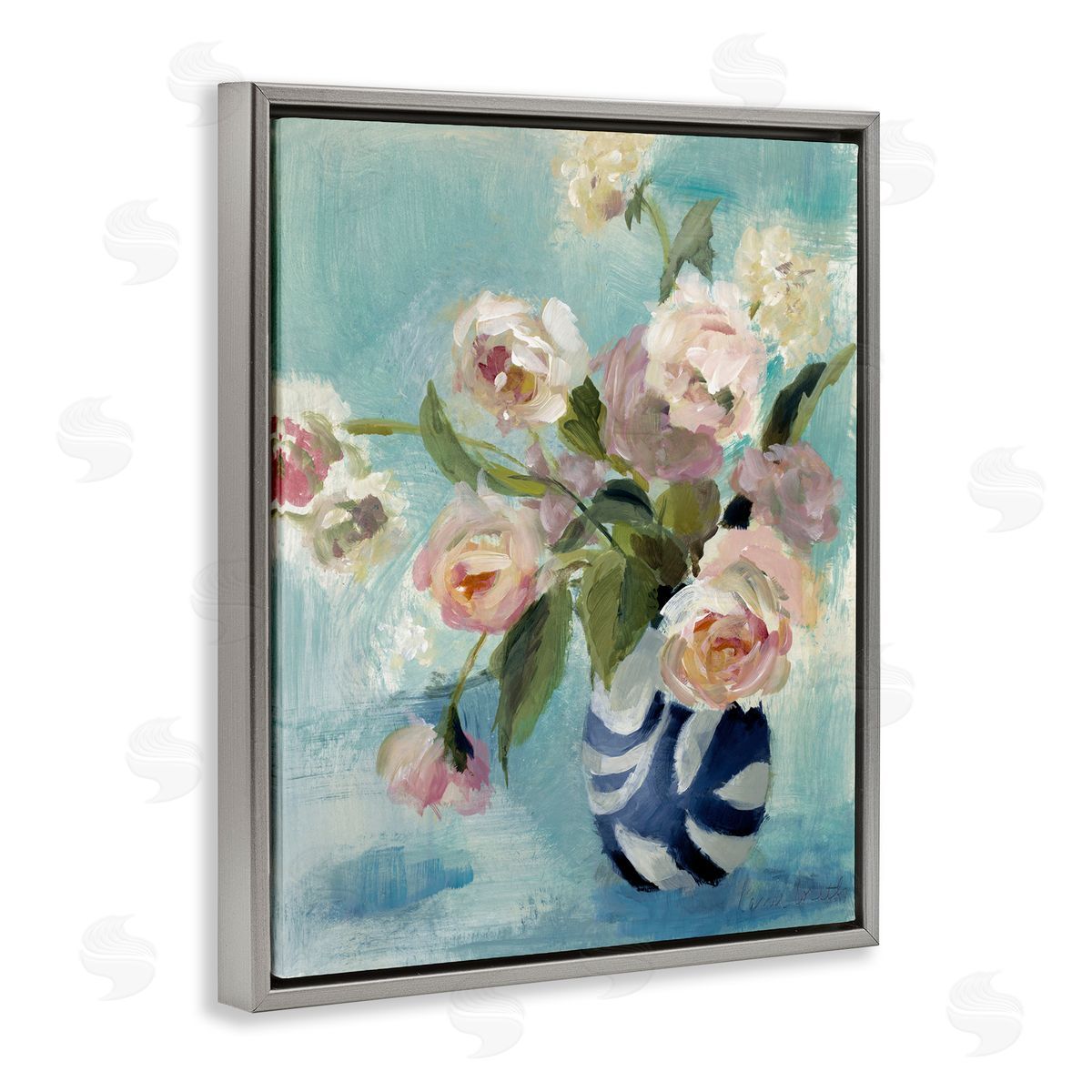 Carefree Rose Blooms Grey Floating Frame Canvas Wall Art, Home Decor by Lanie Loreth