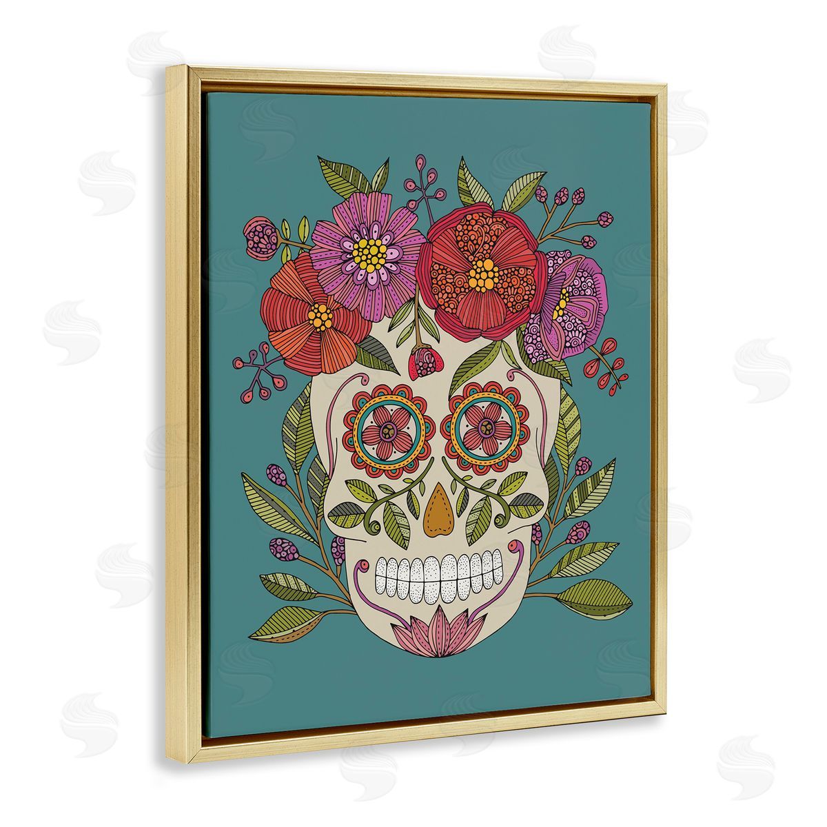 Floral Sugar Skull Gold Floating Frame Canvas Wall Art, Home Decor by Valentina Harper