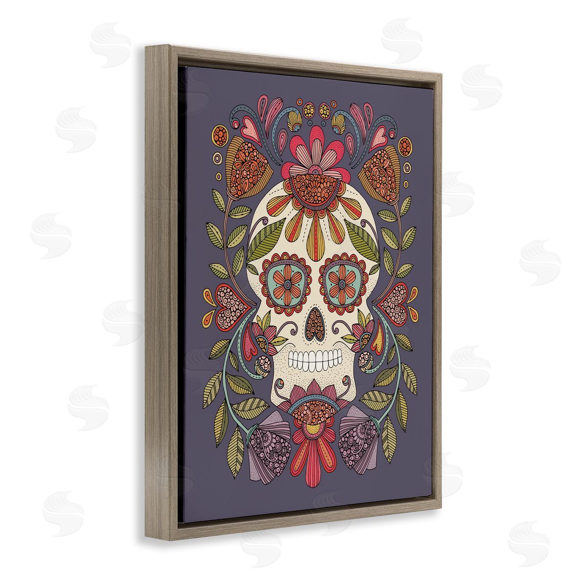 Patterned Sugar Skull Brown Floating Frame Canvas Wall Art, Home Decor by Valentina Harper