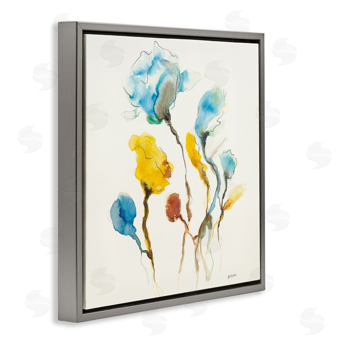 Patti Mann Modern Watercolor Blooms Gray Floating Frame Canvas Wall Art Print