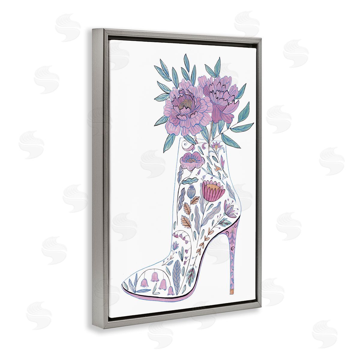 Floral Heel Bouquet Grey Floating Frame Canvas Wall Art, Home Decor by Melissa Wang